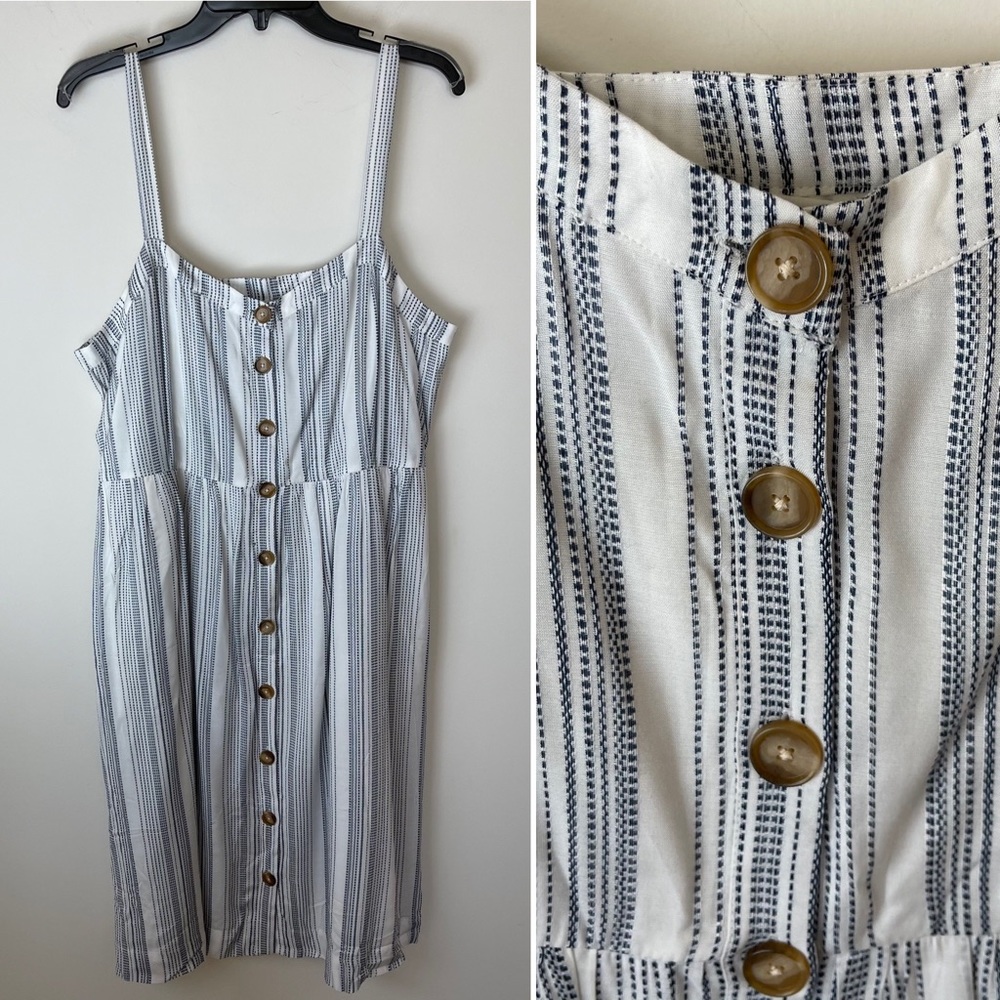 LOFT White and Navy Striped Button-Front Sundress